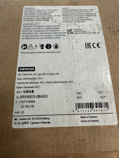 Siemens 3RX9503-0BA00 AS Interface Power Supply 30V DC, 8A Open Box Unused