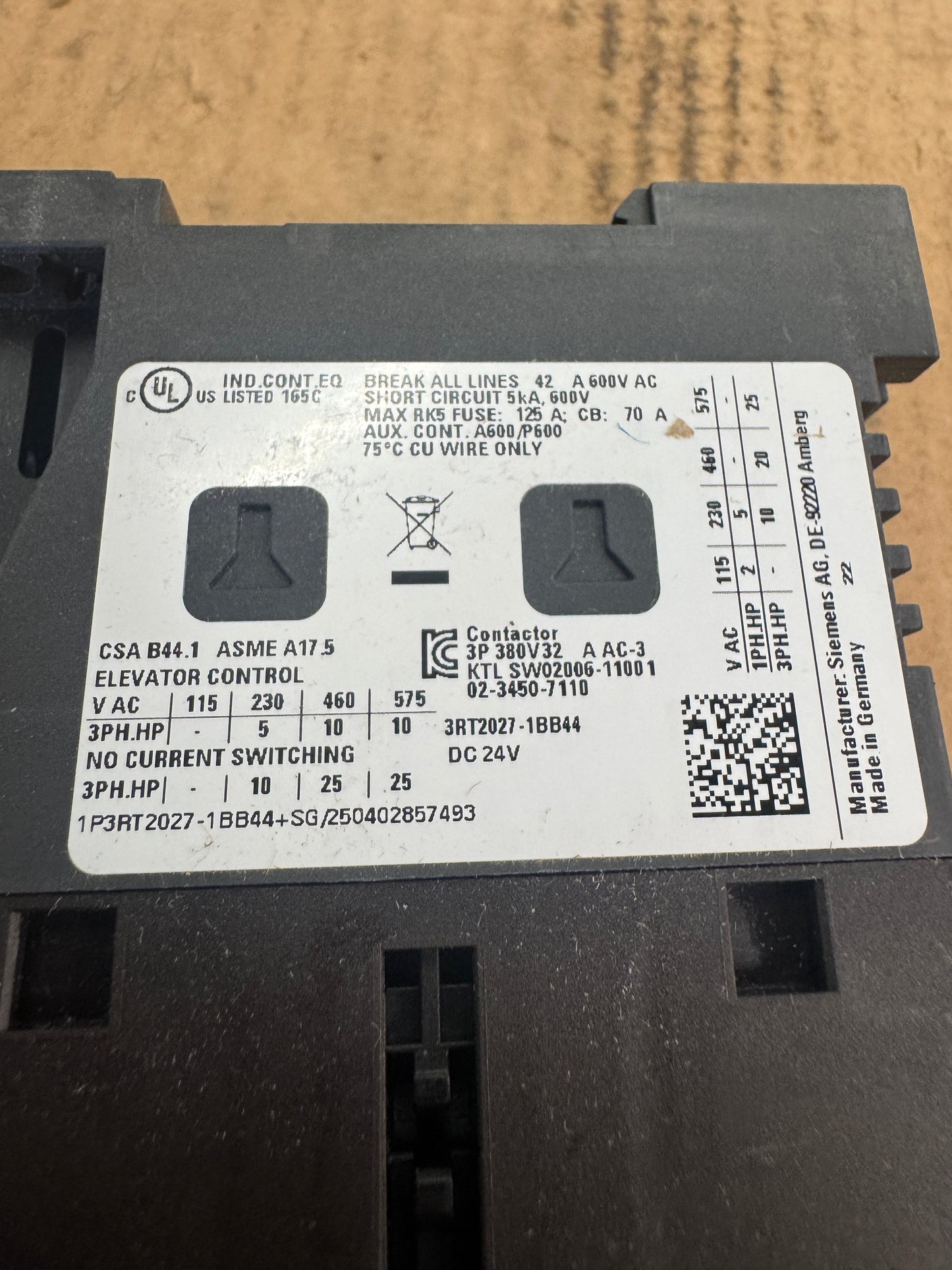 Siemens 3RT2027-1BB44 Contactor Untested Surplus