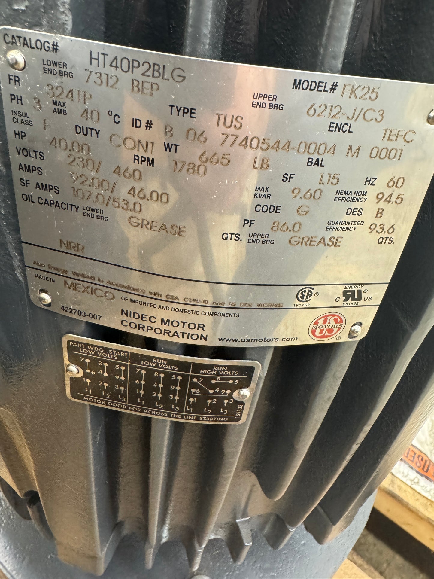 US Motors Vertical Hollow Shaft Pump Motor HT40P2BLG - 40 HP 1800 RPM