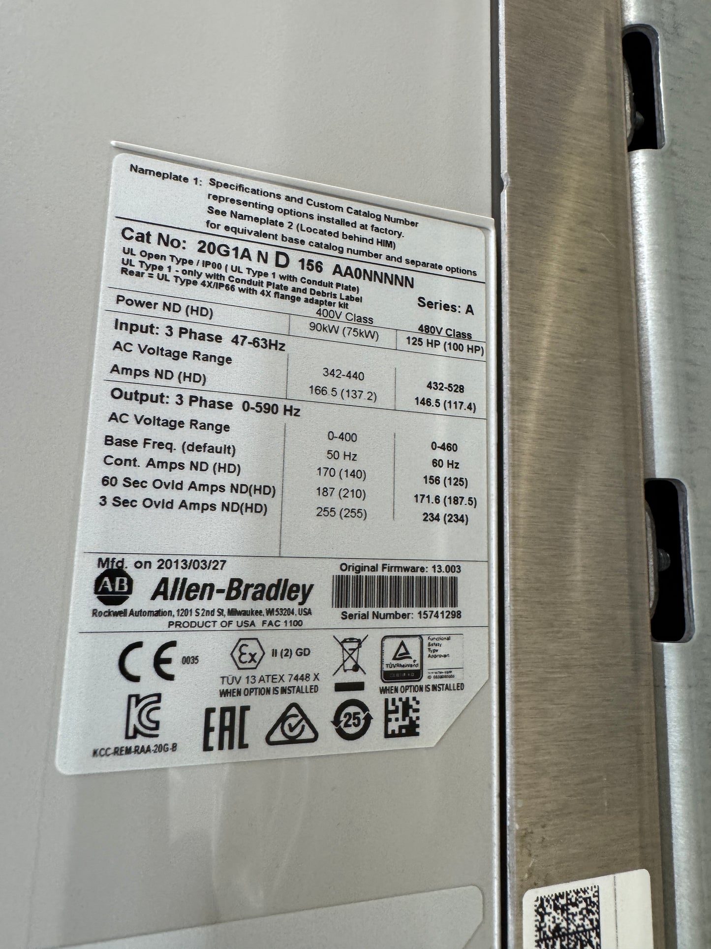 Allen-Bradley Variable Frequency Drive 20G1AND156AA0NNNNN - 100 HP Variable RPM