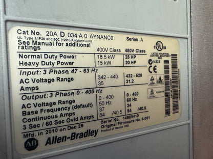 Allen-Bradley 20AD034A0AYNANC0 Variable Frequency Drive 480V AC 3-Phase 01541