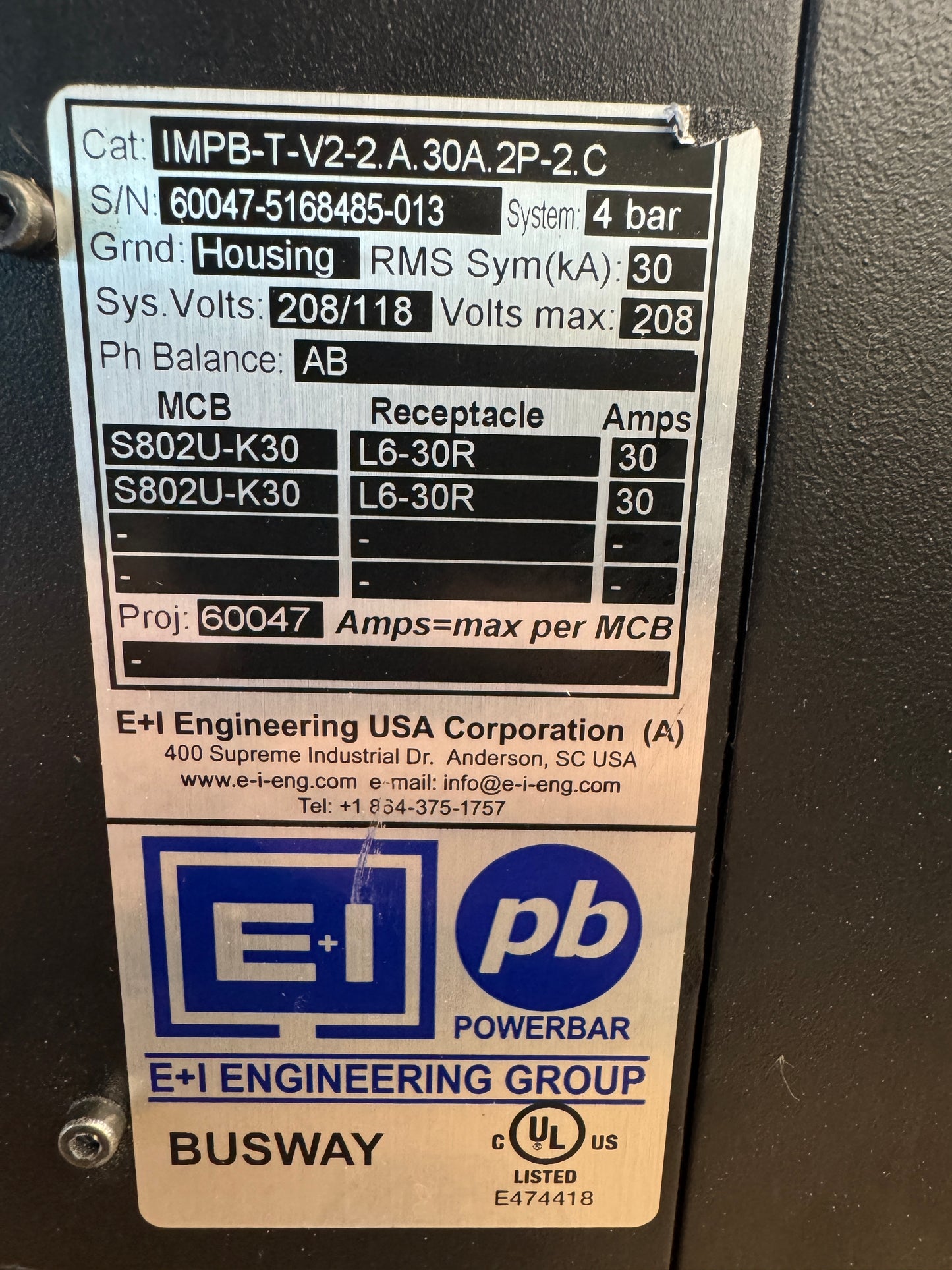 E+I Engineering IMPB-T-V2-2.A.30A.2P-2.C Busway Tap Off Unit 208/118V Untested Surplus