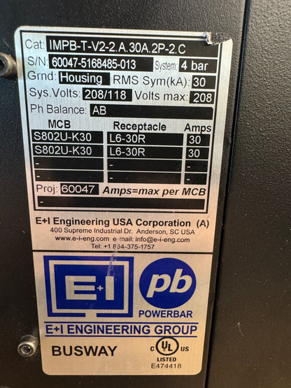 E+I Engineering IMPB-T-V2-2.A.30A.2P-2.C Busway Tap Off Unit 208/118V Untested Surplus