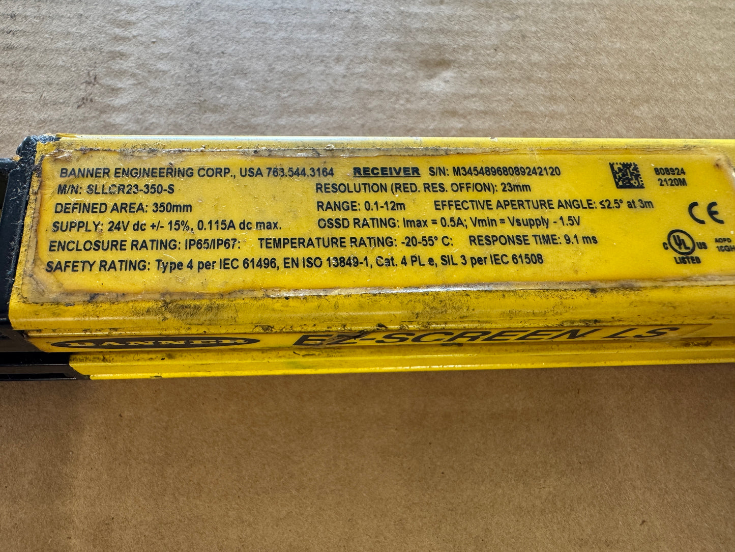 Banner Engineering SLLCR23-350-S Safety Light Curtain Receiver 24V DC Untested Surplus