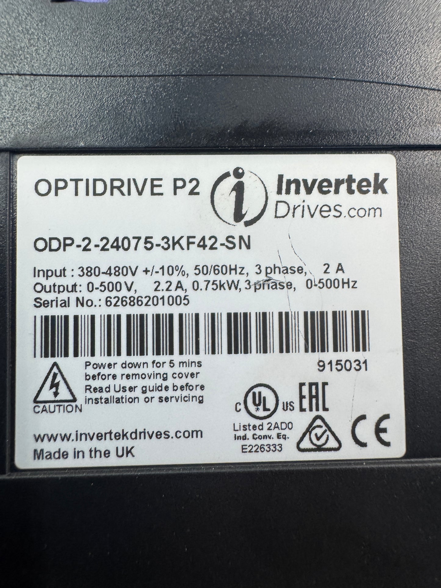 Invertek Drives ODP-2-24075-3KF42-SN Optidrive P2 Variable Frequency Drive 380 480V Untested Surplus