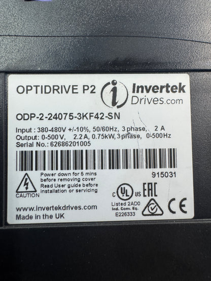 Invertek Drives ODP-2-24075-3KF42-SN Optidrive P2 Variable Frequency Drive 380 480V Untested Surplus