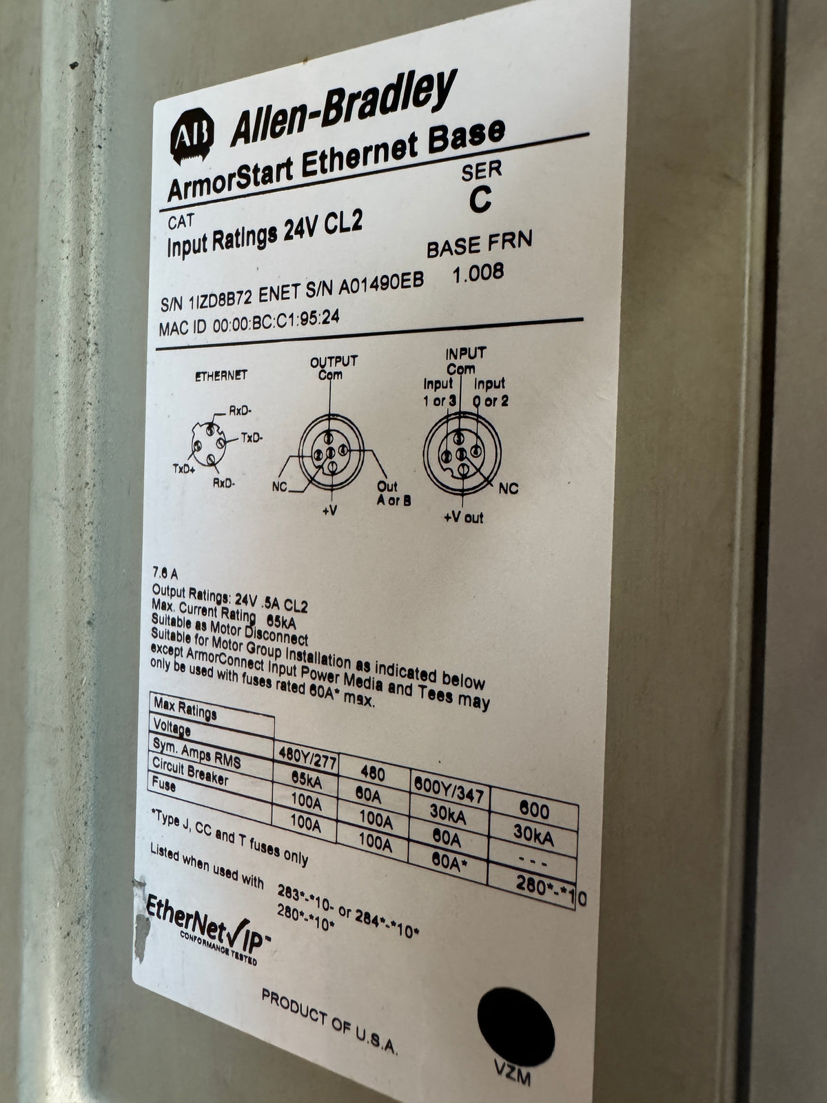 Allen-Bradley 284E-FVD1P4Z-N-R-EMI-OC ArmorStart Distributed Motor Controller 380 to 480V AC