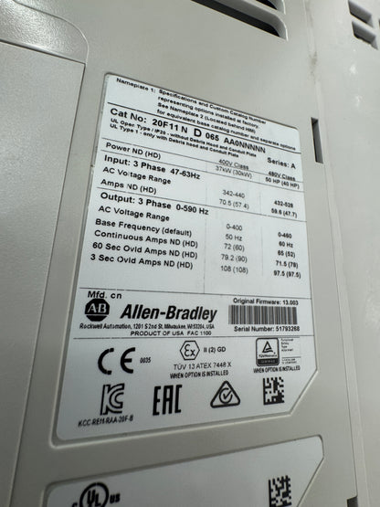 Allen-Bradley Variable Frequency Drive 20F11ND065AA0NNNNN 480V 3-Phase