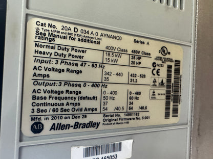 Allen-Bradley 20AD034A0AYNANC0 Variable Frequency Drive 480V AC 3-Phase 01542