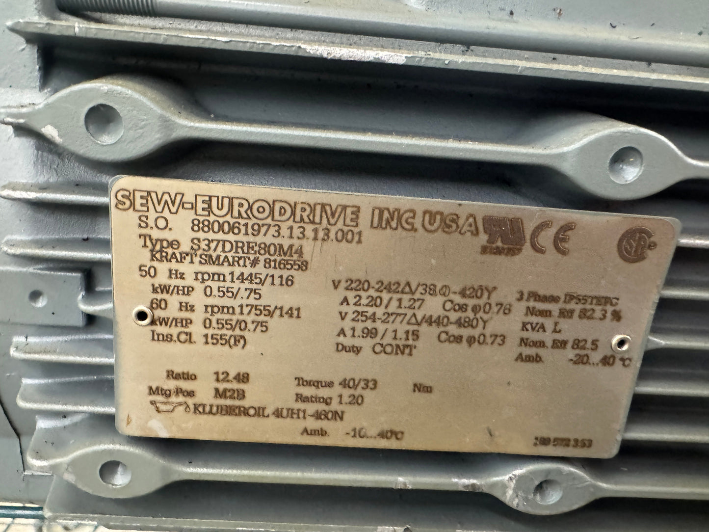 SEW-Eurodrive Helical-Worm Gearmotor S37DRE80M4 - 1 HP 1800 RPM
