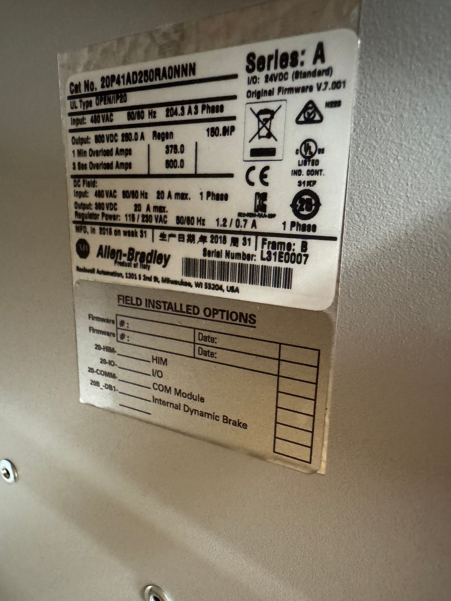 Allen-Bradley PowerFlex DC Drive 20P41AD250RA0NNN 480V AC, 3-Phase