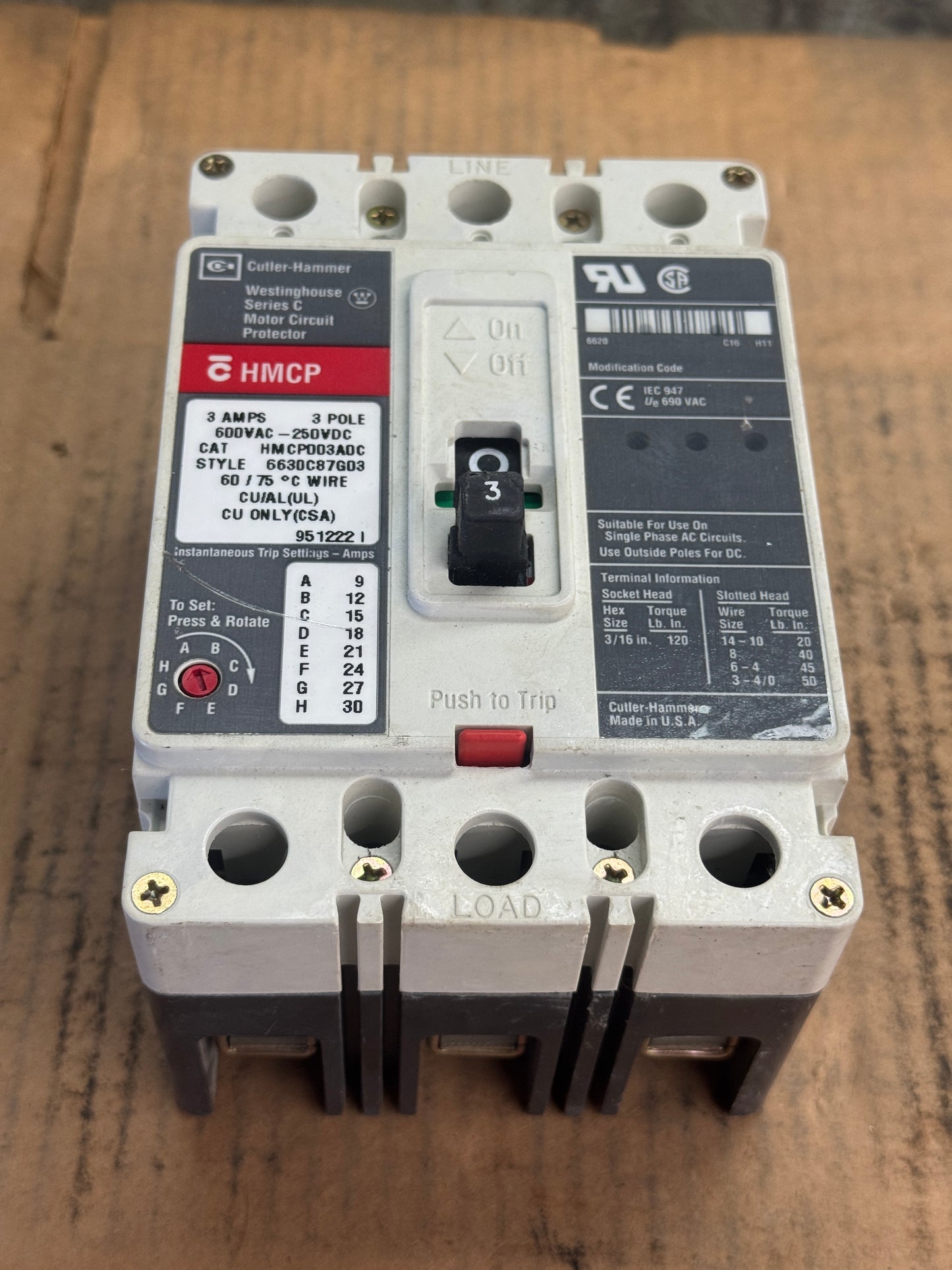 Cutler-Hammer HMCP003A0C Motor Circuit Protector 600 VAC / 250 VDC Untested Surplus 1756