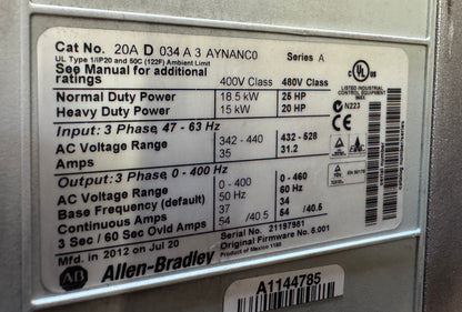 Allen-Bradley 20AD034A3AYNANC0 Variable Frequency Drive 480V AC 3-Phase Untested Surplus