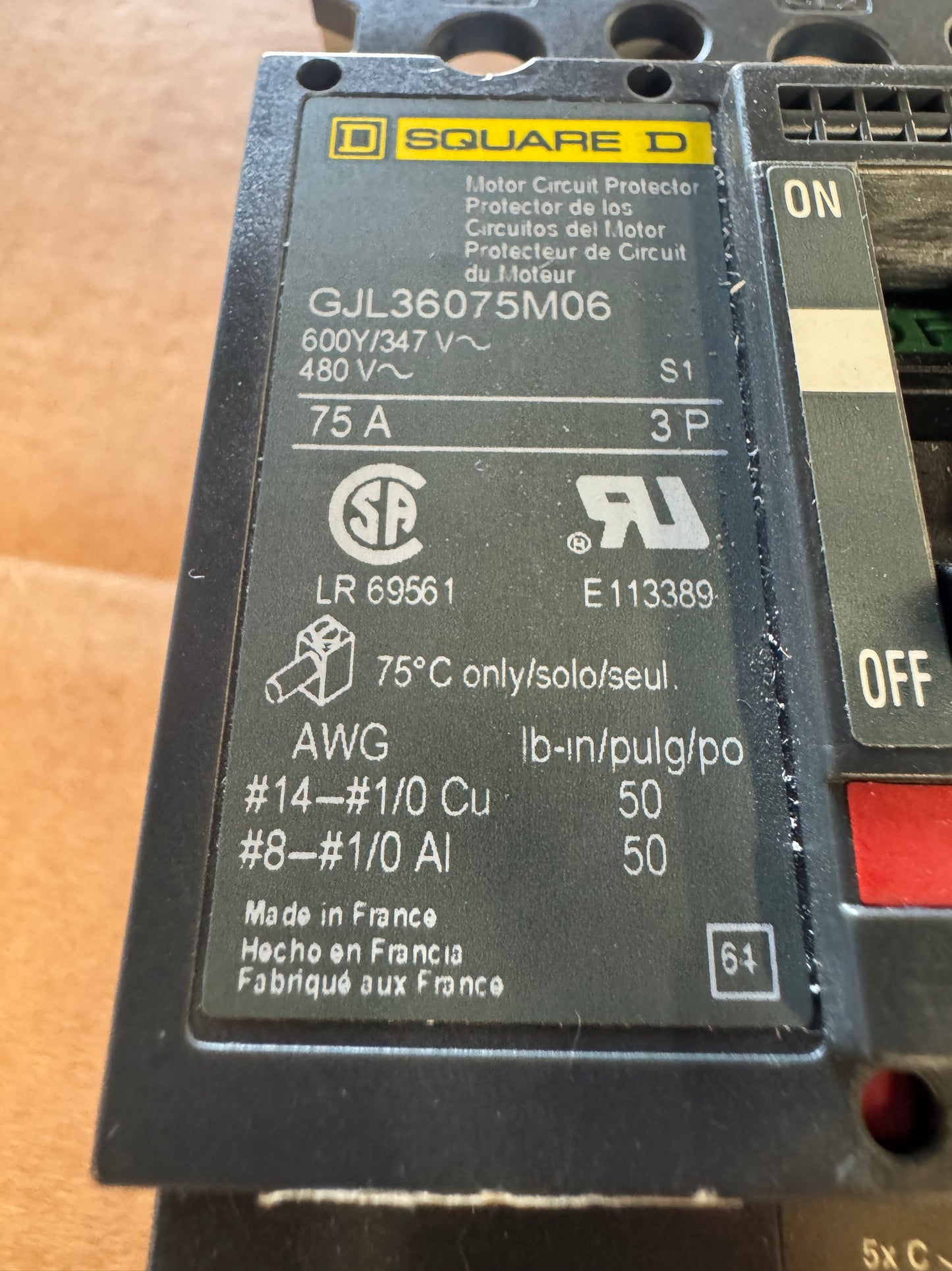 Square D GJL36075M06 Motor Circuit Protector 600V / 480V AC Untested Surplus