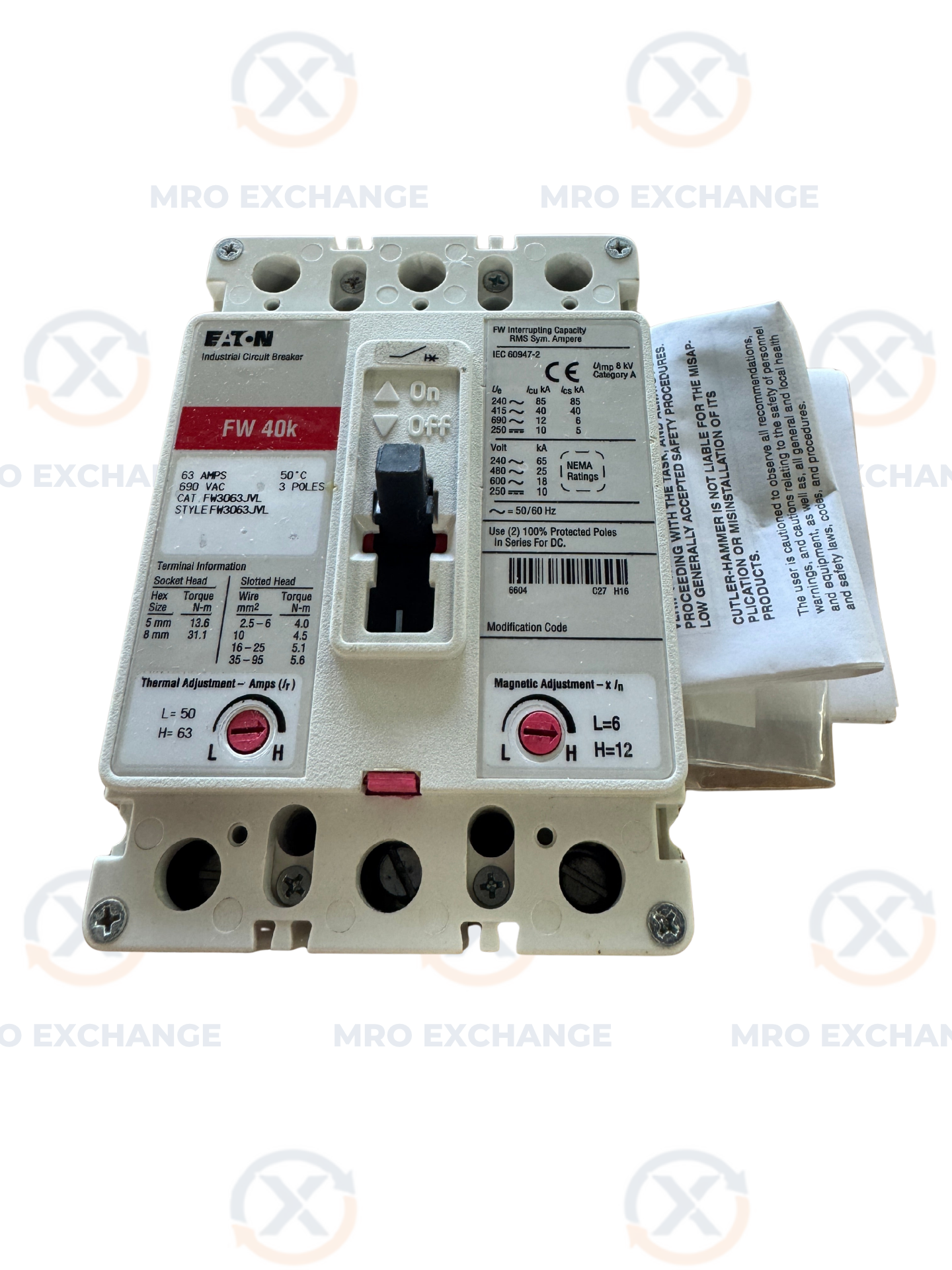 Eaton FW3063JVL Industrial Circuit Breaker 690 VAC Untested Surplus