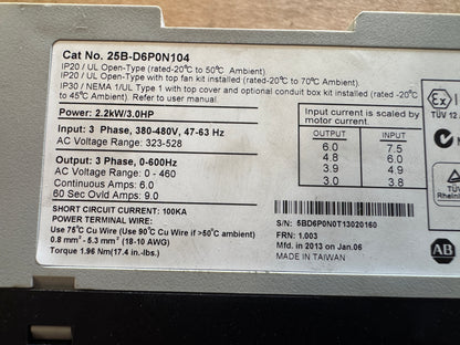 Allen-Bradley 25B-D6P0N104 Variable Frequency Drive 480V 3-Phase