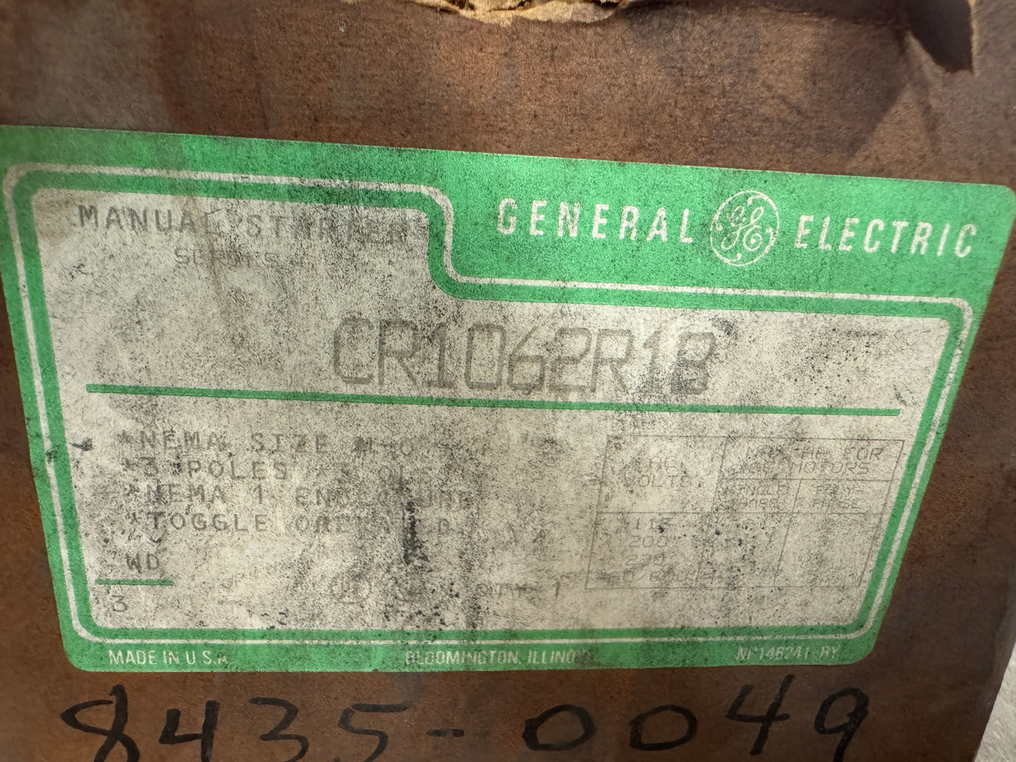 General Electric Manual Motor Starter CR1062R1B 600V AC