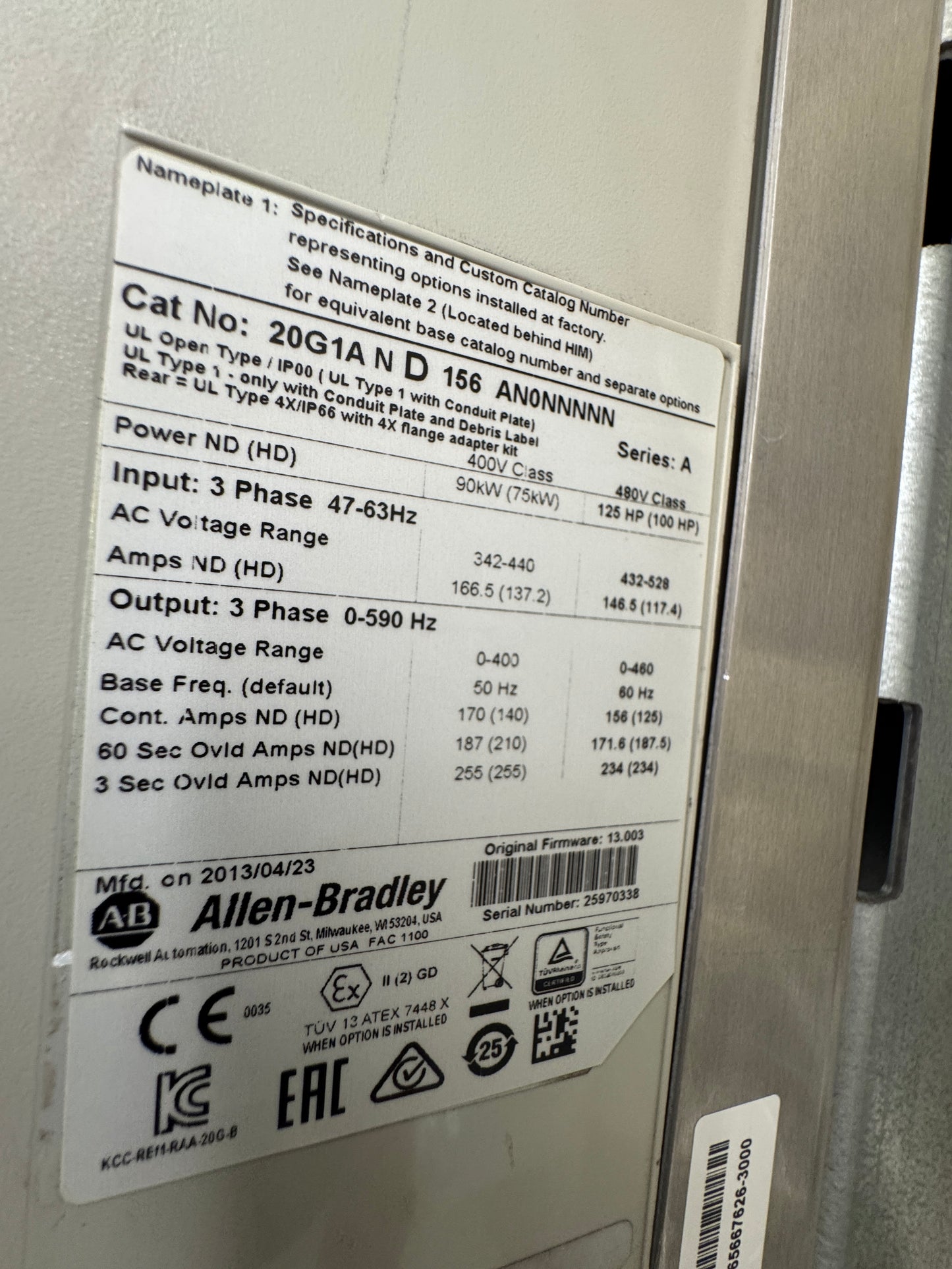 Allen-Bradley Variable Frequency Drive 20G1AND156AN0NNNNN 480V, 3-Phase