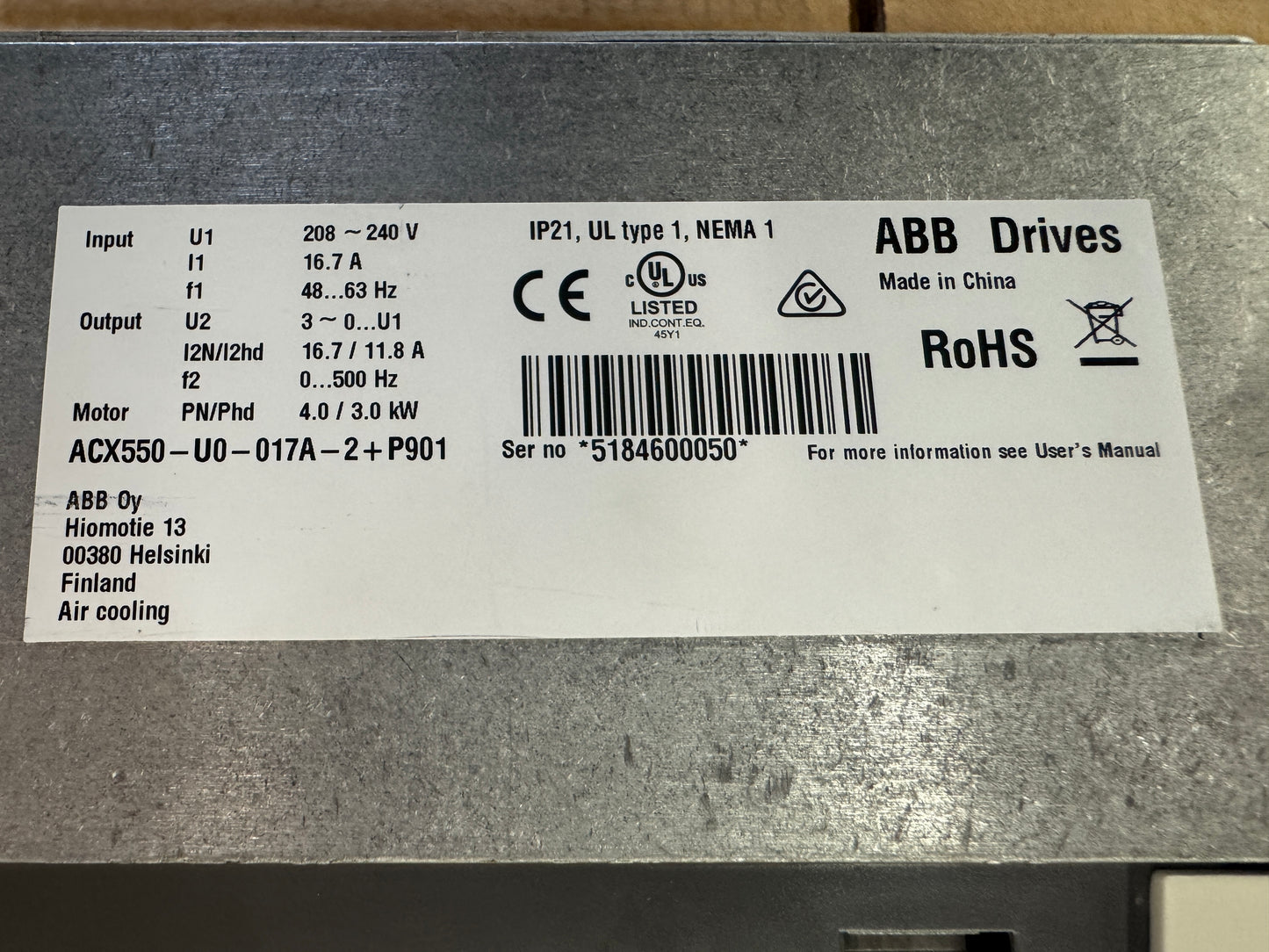 ABB AC Drive ACX550-U0-017A-2+P901 - 4 kW Variable RPM