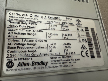 Allen-Bradley AC Drive 20AD034A3AYNANC0 - 25 HP Variable RPM