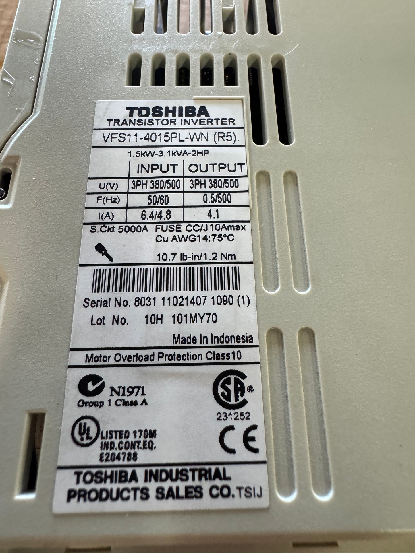 Toshiba VFD VFS11-4015PL-WN - 2 HP Variable RPM 01660