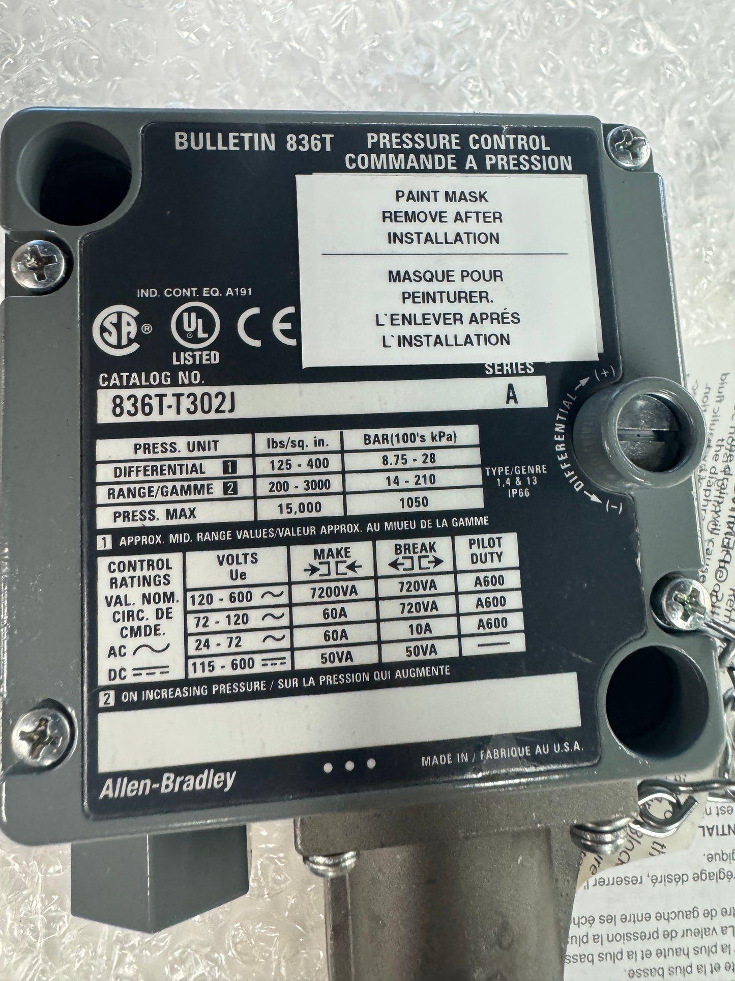 Allen-Bradley Pressure Control Switch 836T-T302J 1/4 In. NPTF 200 to 3000 PSI