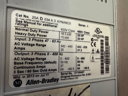Allen-Bradley 20AD034A3AYNANC0 Variable Frequency Drive 480V AC 3-Phase 01609