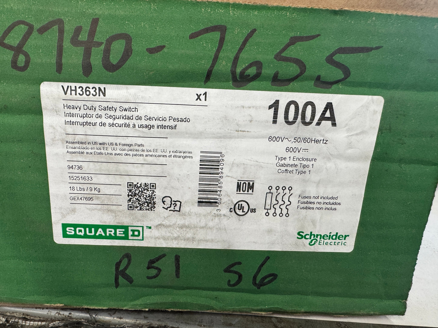 Square D Heavy Duty Safety Switch VH363N 600V