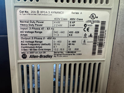 Allen-Bradley AC Drive 20AD8P0A3AYNANC0 - 5 HP Variable RPM