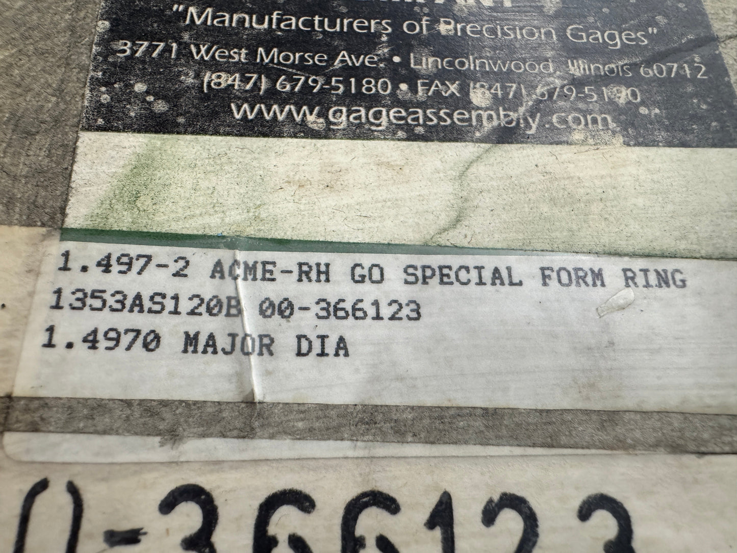 Gage Assembly Company ACME Thread Ring Gage 1353AS120B 1.4970 In. Major Diameter