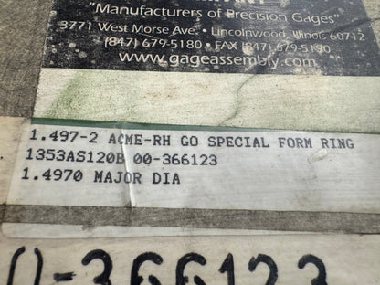 Gage Assembly Company ACME Thread Ring Gage 1353AS120B 1.4970 In. Major Diameter