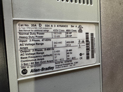 Allen-Bradley 20AD034A3AYNANC0 PowerFlex 70 AC Drive 480V AC 3-Phase 01564