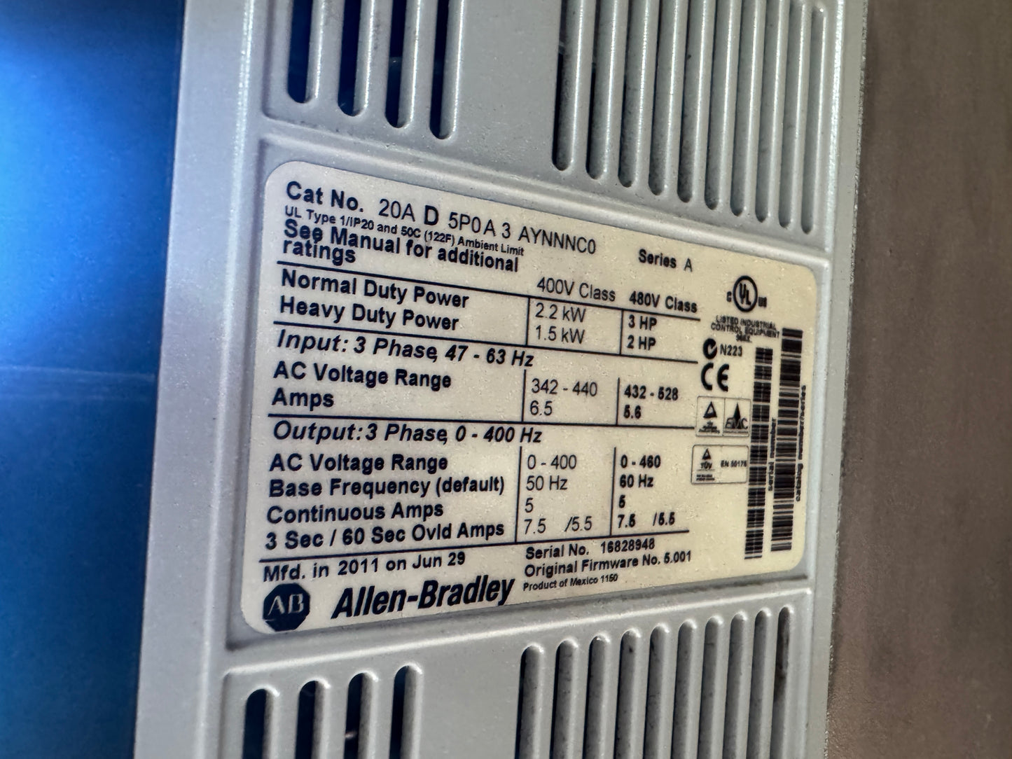 Allen-Bradley 20AD5P0A3AYNNNC0 Variable Frequency Drive 480V AC 3-Phase Untested Surplus 01437