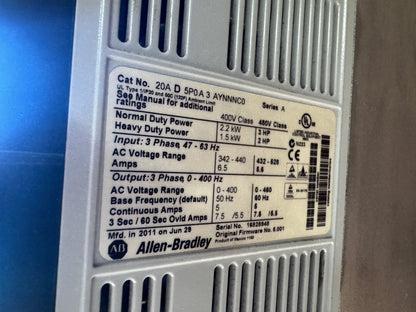 Allen-Bradley 20AD5P0A3AYNNNC0 Variable Frequency Drive 480V AC 3-Phase Untested Surplus 01437