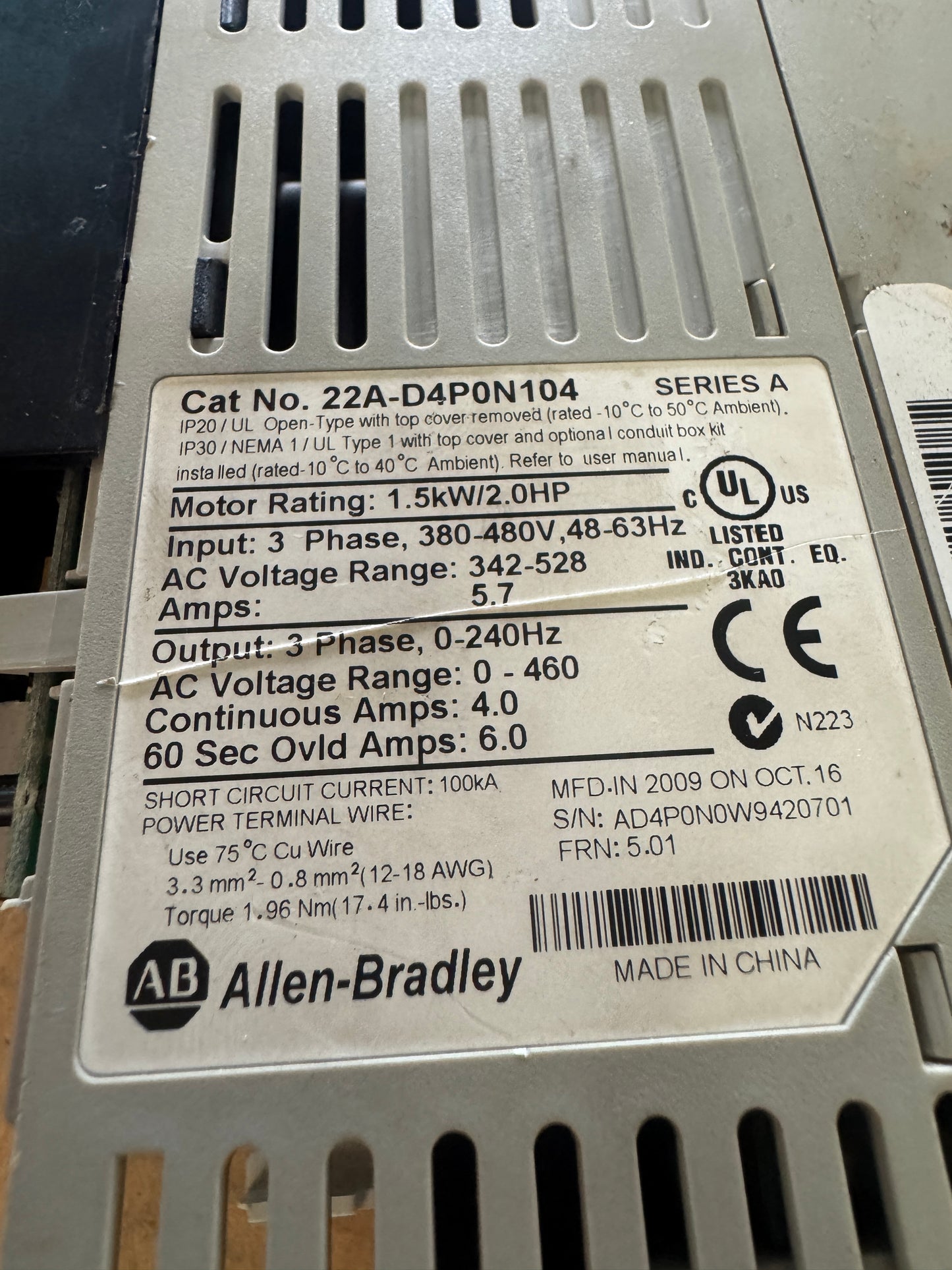 Allen-Bradley AC Drive VFD 22A-D4P0N104 - 2 HP Variable RPM 01625