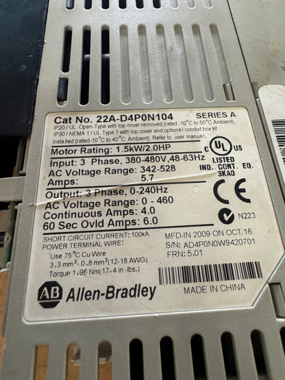 Allen-Bradley AC Drive VFD 22A-D4P0N104 - 2 HP Variable RPM 01625