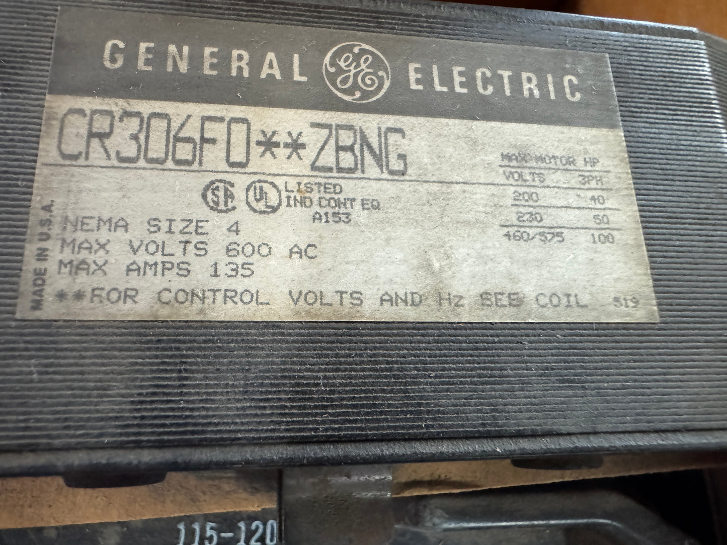 General Electric Magnetic Starter CR306F002ZBNG 600V AC