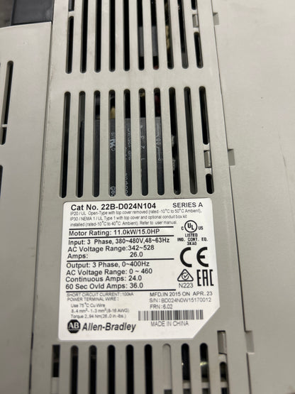 Allen-Bradley Variable Frequency Drive 22B-D024N104 Series A 480V 3-Phase Unit A