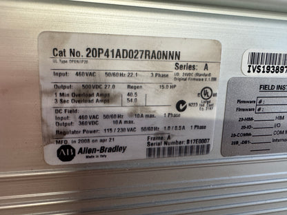 Allen-Bradley 20P41AD027RA0NNN DC Drive 460V AC Input 01577