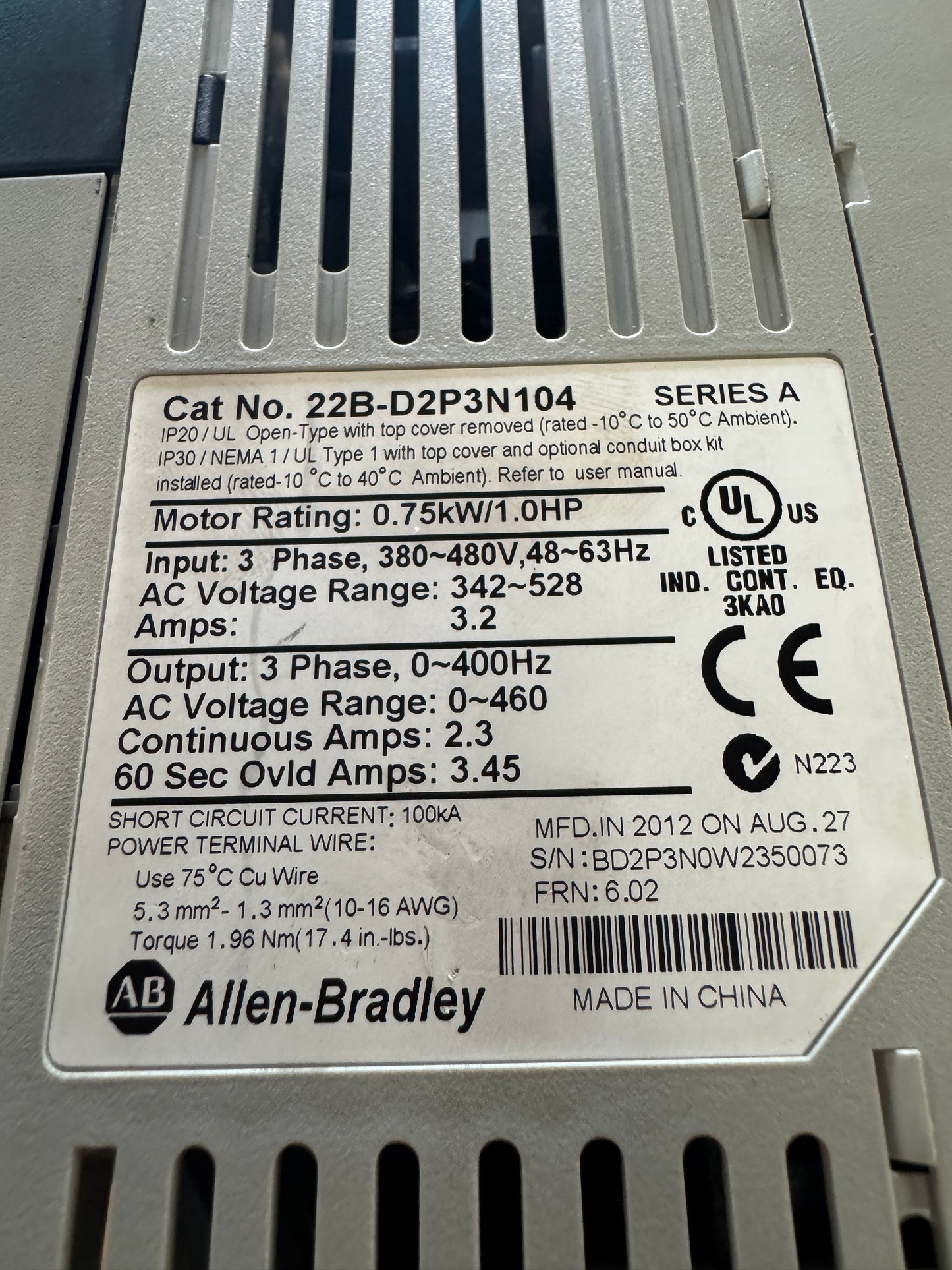 Allen-Bradley 22B-D2P3N104 AC Drive 480V