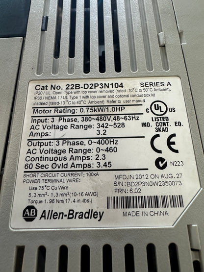 Allen-Bradley 22B-D2P3N104 AC Drive 480V