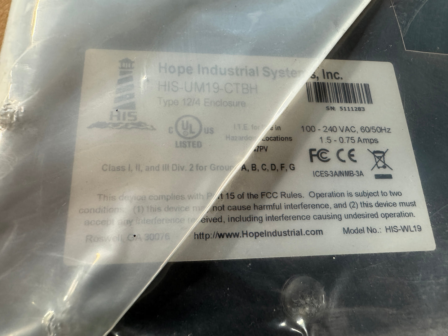 Hope Industrial Systems Industrial Monitor HIS-UM19-CTBH 100-240 VAC