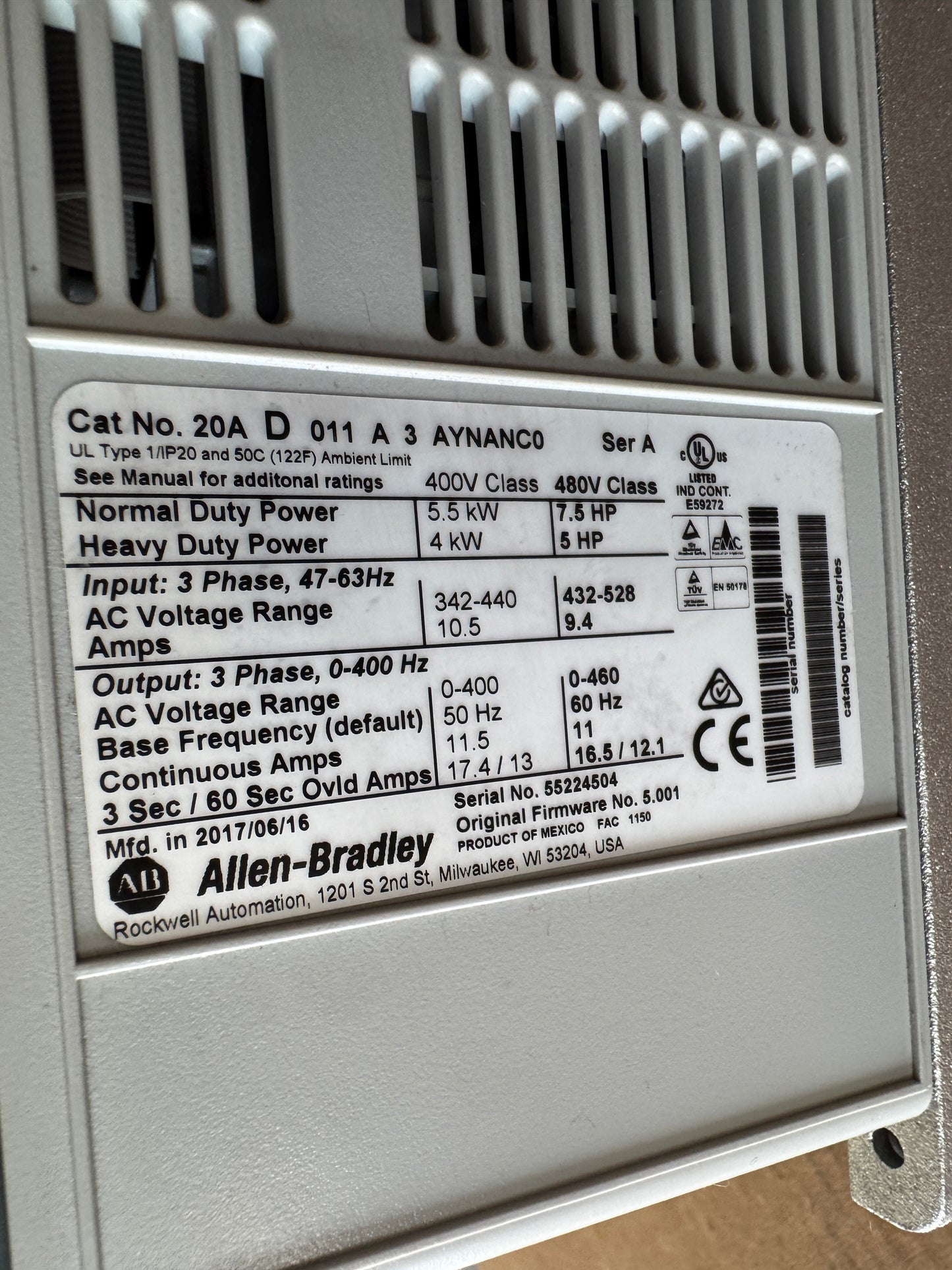 Allen-Bradley 20AD011A3AYNANC0 Variable Frequency Drive 480V AC 3-Phase Untested Surplus