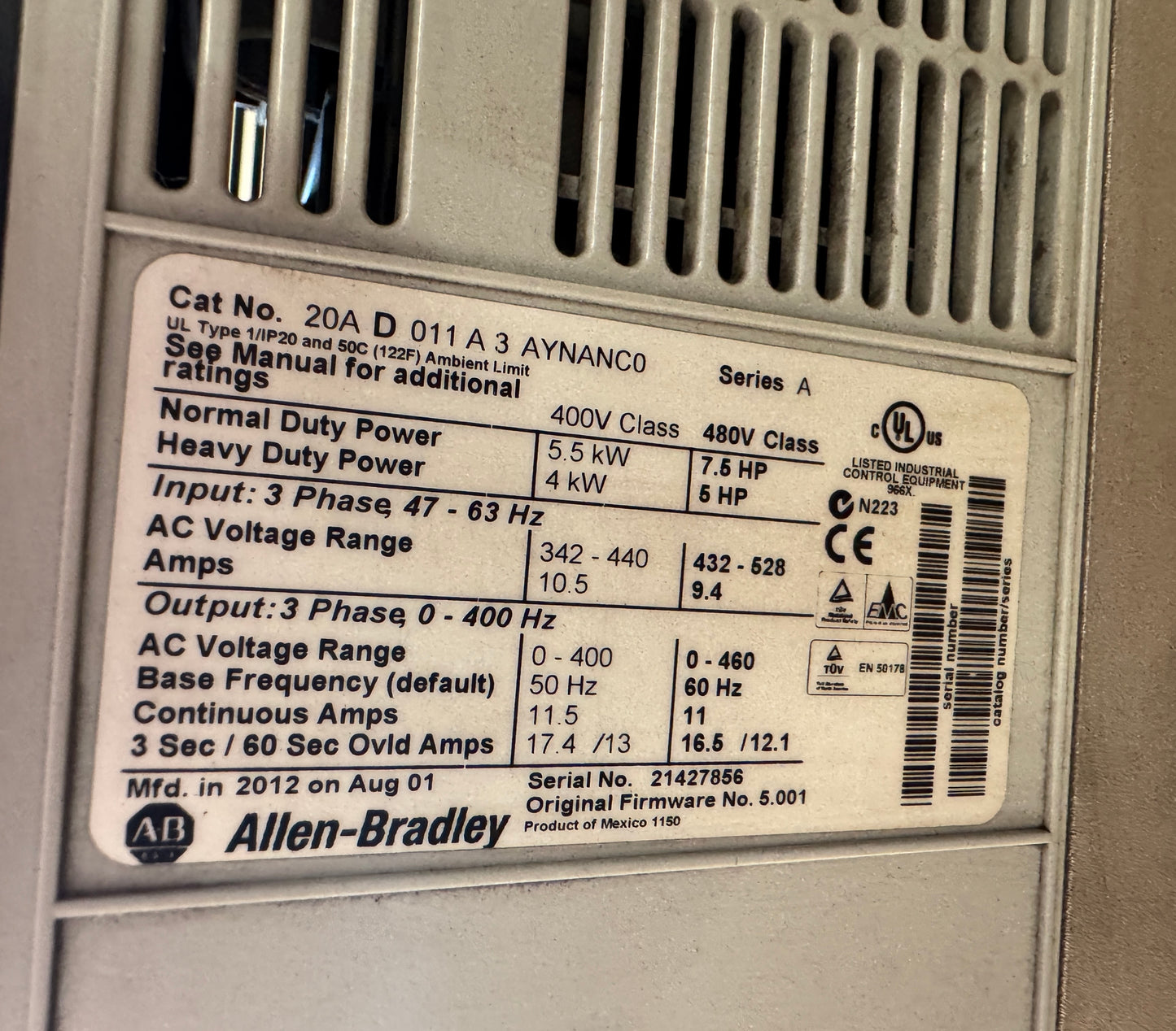Allen-Bradley 20AD011A3AYNANC0 Variable Frequency Drive 480V AC 3-Phase