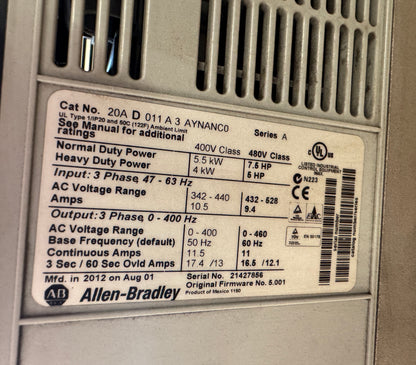 Allen-Bradley 20AD011A3AYNANC0 Variable Frequency Drive 480V AC 3-Phase