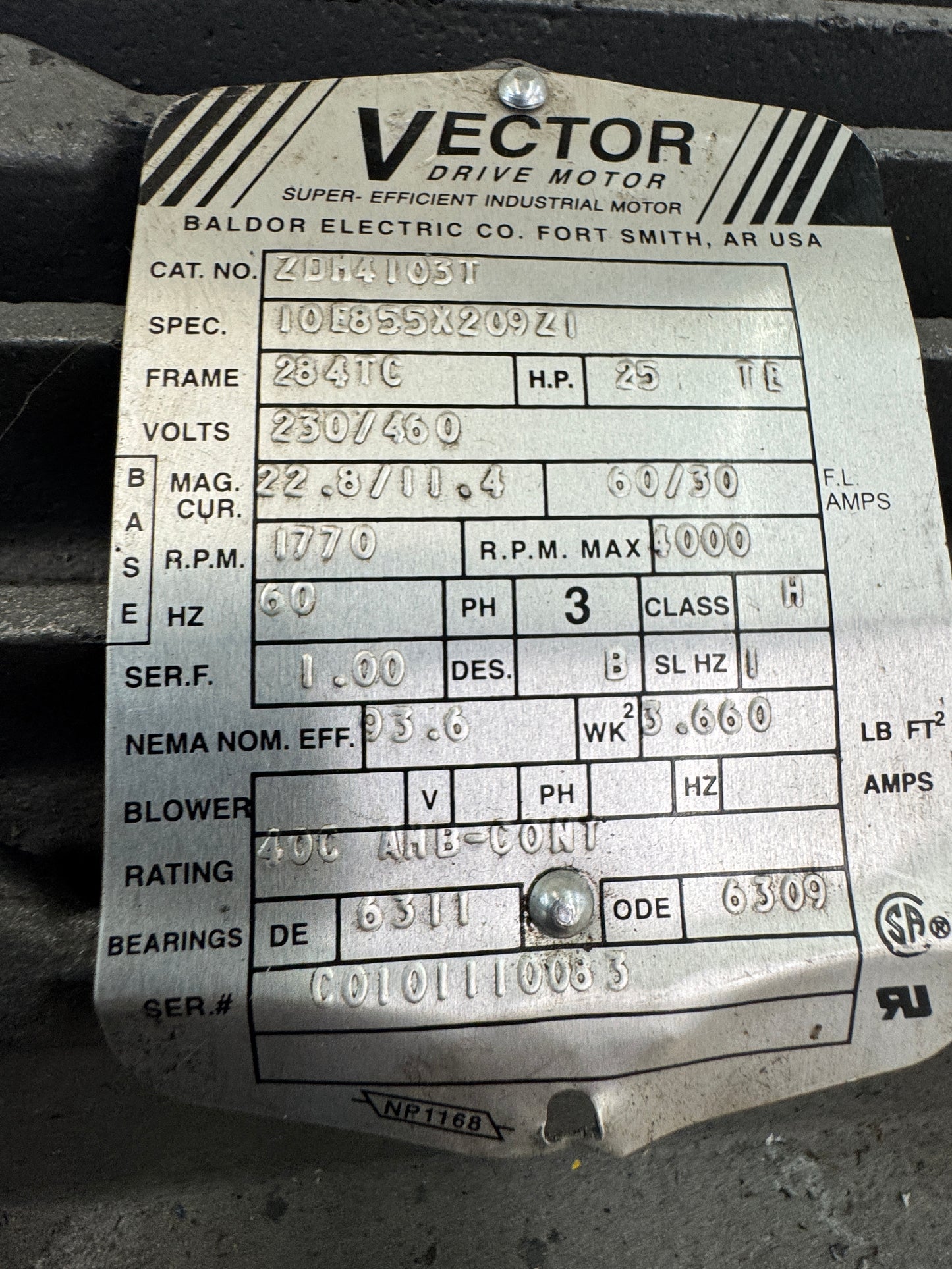 Baldor Electric Co. AC Motor ZDJ4103T - 25 HP 8000 RPM