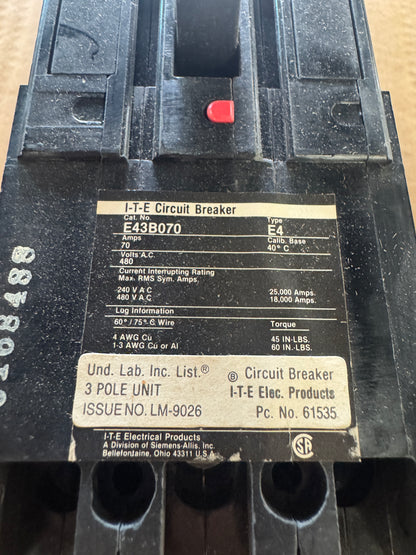 ITE E43B070 Circuit Breaker 480V AC Untested Surplus