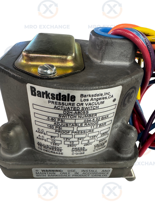 Barksdale Pressure Switch D2H-A80SS 1/4 In. NPT Female 0.5 to 80 PSI Adjustable