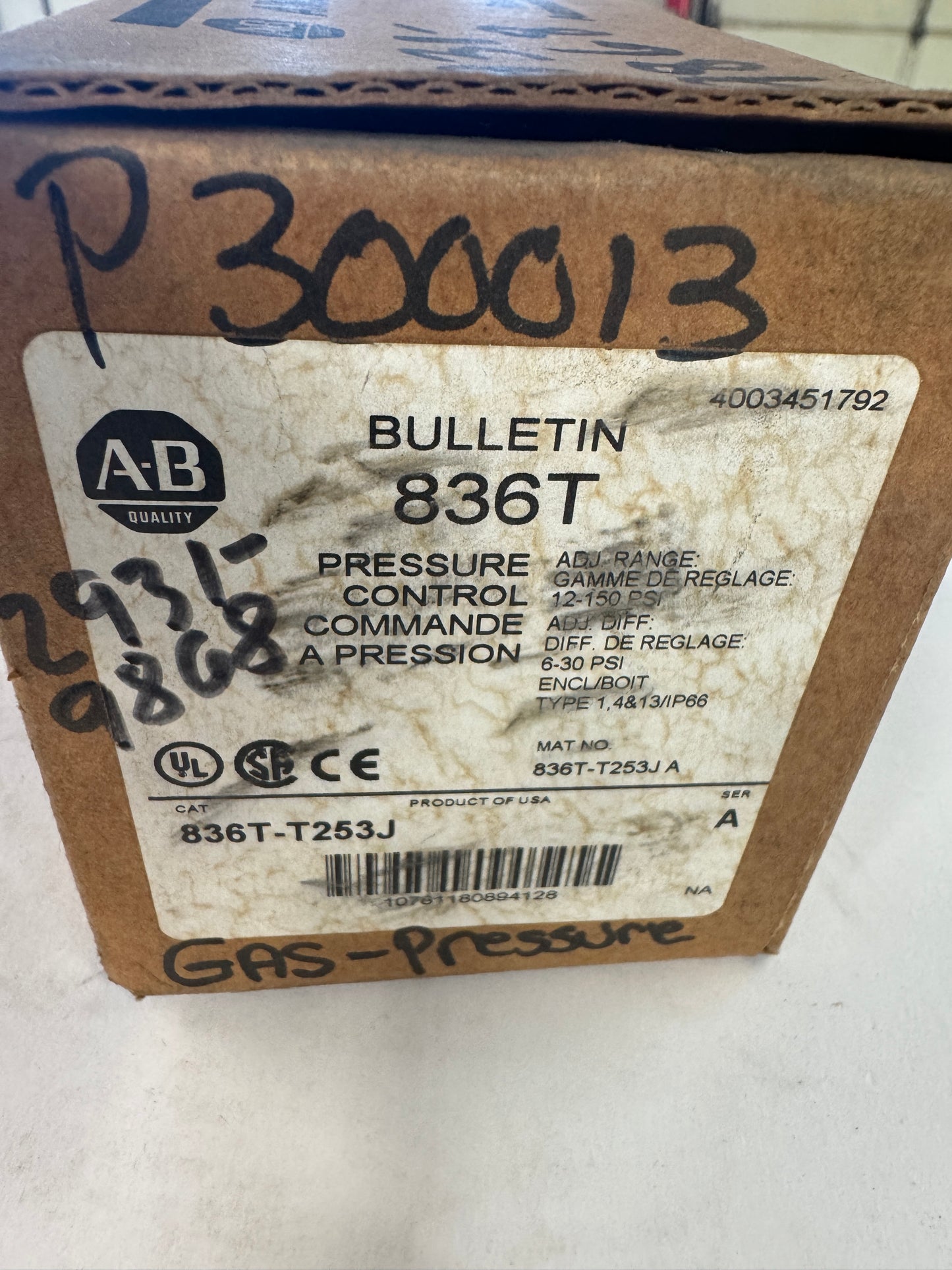 Allen-Bradley Pressure Control Switch 836T-T253J 1/4 In. NPT 12 to 150 Psi Range, 350 Psi Max
