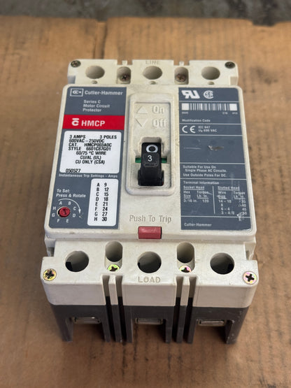 Cutler-Hammer HMCP003A0C Motor Circuit Protector 600 VAC / 250 VDC Untested Surplus 1758